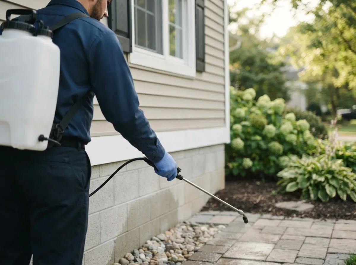 Pest control technician inspecting a home in Long Branch, TX
